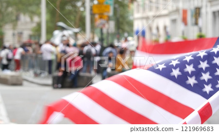New York City Wall street Charging Bull. Manhattan Downtown Financial District, USA Flag on Broadway 121969683