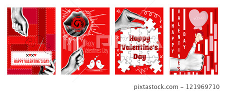 Valentine day cover typography template in vintage collage design for social media. Greeting cards with hands holding lips lollipop or cupid with balloon, collecting love puzzle. Vector illustration. 121969710