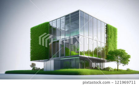A building with a green facade and a tree in front of it 121969711