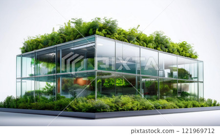 A building with a green roof and a lot of plants 121969712