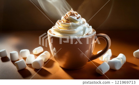A cup of hot chocolate with whipped cream and marshmallows on a table 121969713