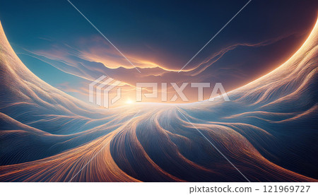 A beautiful, serene landscape with a sun setting in the background 121969727