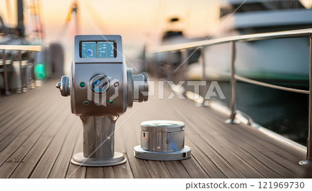 A small device with a blue light on it sits on a wooden pier A small device with a blue light on it sits on a wooden pier 121969730