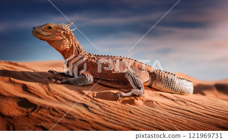 A lizard is laying on the sand in the desert A lizard is laying on the sand in the desert 121969731