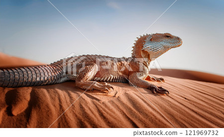 A lizard is laying on the sand, looking at the camera 121969732