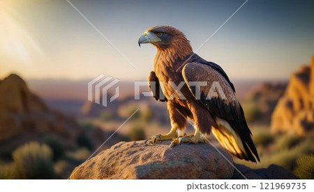 A large brown eagle is perched on a rock in a desert 121969735