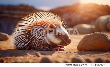 A small brown and white animal with a long tail is laying on the ground 121969739
