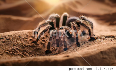 A large brown and black tarantula is on the sand 121969746