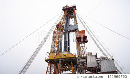 A large oil rig is in the air with a crane attached to it 121969760