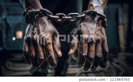 A man is chained to a wall with his hands behind his back 121969765