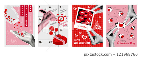 Valentine day cover typography template in vintage collage design for social media. Trendy greeting cards with heart confetti in bottle, hands with gifts, lips kiss, love puzzle. Vector illustration. Valentine day cover typography template in vintage collage design for social media. Trendy greeting cards with heart confetti in bottle, hands with gifts, lips kiss, love puzzle. Vector illustration. 121969766