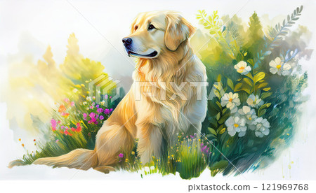 A golden retriever is sitting in a field of flowers A golden retriever is sitting in a field of flowers 121969768