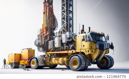 A yellow and orange construction vehicle is parked next to a trailer 121969770