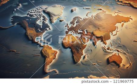 A 3D model of the world with a blue ocean and a brown land mass A 3D model of the world with a blue ocean and a brown land mass 121969775