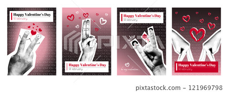 Valentine day cover typography template in vintage collage design for social media. Trendy greeting cards with hands gesturing and fingers mascots in love, hugs, gets flowers. Vector illustration. Valentine day cover typography template in vintage collage design for social media. Trendy greeting cards with hands gesturing and fingers mascots in love, hugs, gets flowers. Vector illustration. 121969798