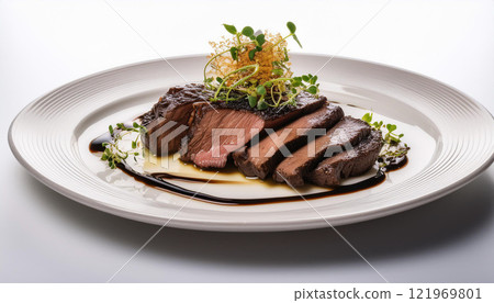 A plate of meat with a sauce and garnish A plate of meat with a sauce and garnish 121969801