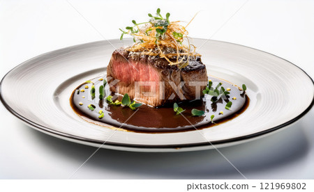 A plate of meat with a sauce and garnish A plate of meat with a sauce and garnish 121969802