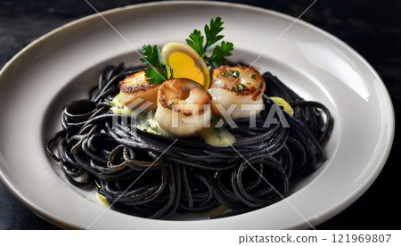 A plate of spaghetti with shrimp and parsley on top 121969807