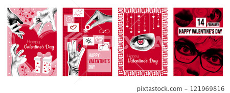 Valentine day cover typography template in vintage collage design for social media. Trendy greeting cards with hands gesturing, romantic gifts and ring, love in eyes, lips kiss. Vector illustration. 121969816