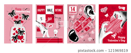 Valentine day cover typography template in vintage collage design for social media. Trendy greeting cards with abstract butterflies, mouth shouting to ear, hands with hearts. Vector illustration. Valentine day cover typography template in vintage collage design for social media. Trendy greeting cards with abstract butterflies, mouth shouting to ear, hands with hearts. Vector illustration. 121969819