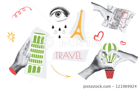 Travel vintage collage conception set in retro halftone design. Collection with hands leaning Pisa tower, eye looks at Eiffel tower, hand pointing at route map or hot air balloon. Vector illustration. 121969924