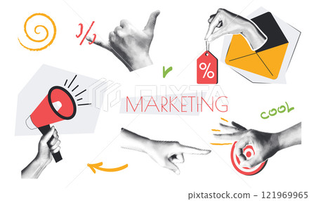Marketing vintage collage conception set in retro halftone design. Collection with hands holding loudspeaker, targeting, doing email promo announcement with discount coupons. Vector illustration. Marketing vintage collage conception set in retro halftone design. Collection with hands holding loudspeaker, targeting, doing email promo announcement with discount coupons. Vector illustration. 121969965