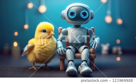 A robot and a yellow bird are sitting on a chair 121969988