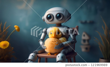 A robot is holding a yellow chick 121969989