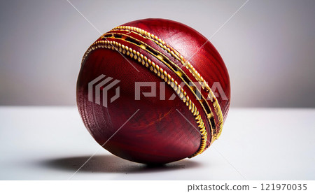 A red and gold cricket ball sits on a white table 121970035
