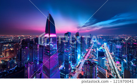 A city skyline at night with a purple sky 121970041