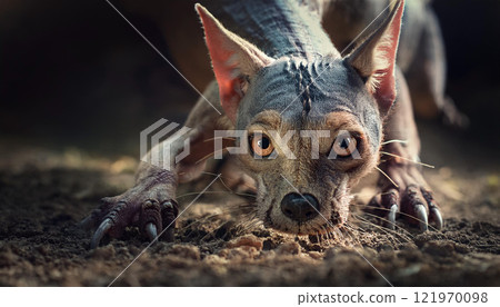 A dog with a very long and thin tail is looking at the camera 121970098