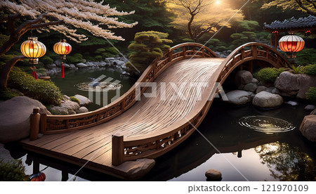 A wooden bridge with a pond in the background 121970109