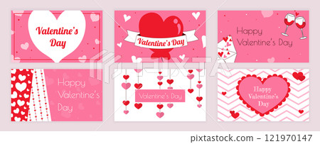 Valentines Day cover typography templates set for social media. Greeting cards design with happy romantic holiday, heart balloon and patterns, ribbons, love letters, garlands. Vector illustration. Valentines Day cover typography templates set for social media. Greeting cards design with happy romantic holiday, heart balloon and patterns, ribbons, love letters, garlands. Vector illustration. 121970147