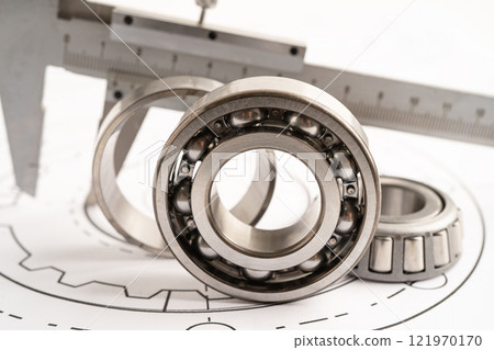 Engineering tools and mechanical industrial with vernier caliper and metal ball bering. 121970170