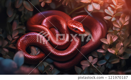 A red snake is curled up in a leafy green bush A red snake is curled up in a leafy green bush 121970187