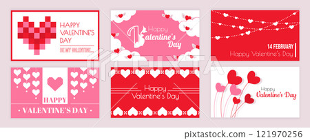 Valentines Day cover typography templates set for social media. Greeting cards design with hearts mosaic and garlands, cupid wings at clouds, love balloons, romantic elements. Vector illustration. 121970256