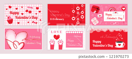 Valentines Day cover typography templates set for social media. Greeting cards design with cherry and cupcake, heart garlands, love letter, holiday gifts, cat paws, cup coffee. Vector illustration. 121970273