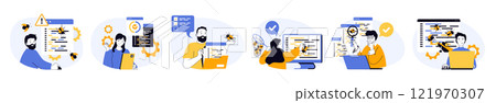 Software testing concept set in flat web design. Collection with people searching bugs in program code, fixing mistakes, doing report of quality assurance. Vector illustrations on white background. 121970307