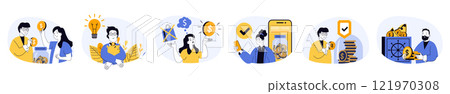 Saving money concept set in flat web design. Collection with people planning budget, managing finance, investing, doing deposit for future and getting profit. Vector illustrations on white background. Saving money concept set in flat web design. Collection with people planning budget, managing finance, investing, doing deposit for future and getting profit. Vector illustrations on white background. 121970308