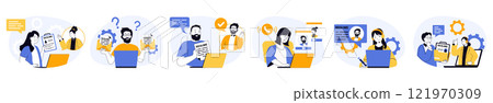 Online job interview concept set in flat web design. Collection with people searching employee, interviewing candidates by video call and hiring in staff. Vector illustrations on white background. Online job interview concept set in flat web design. Collection with people searching employee, interviewing candidates by video call and hiring in staff. Vector illustrations on white background. 121970309
