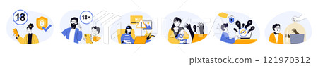 Internet cyber safety for kids concept set in flat web design. Collection with people protecting child online privacy with parental control and block content. Vector illustrations on white background. 121970312