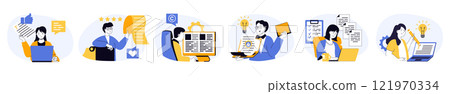 Copywriter concept set in flat web design. Collection with people working as online journalists, writing articles and information posts in social media. Vector illustrations on white background. 121970334