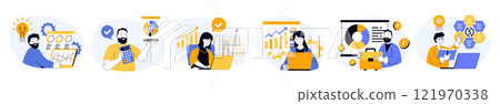 Business analytics concept set in flat web design. Collection with people analyzing data graphs and financial diagram, making report and monitoring balance. Vector illustrations on white background. 121970338