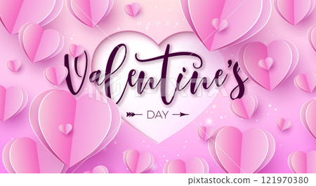 Happy Valentine's Day Banner Design with Heart and Typography Letter on Light Pink Background. Vector Wedding and Romantic Love Valentine Theme Illustration for Flyer, Greeting Card, Holiday Poster or 121970380