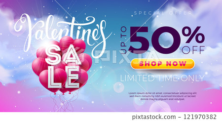 Valentine's Day Sale Banner Design with Red Heart Balloon and Typography Lettering on Cloudy Sky Background. Holiday Vector Business Illustration with Special Offer Elements for Coupon, Voucher, Flyer 121970382