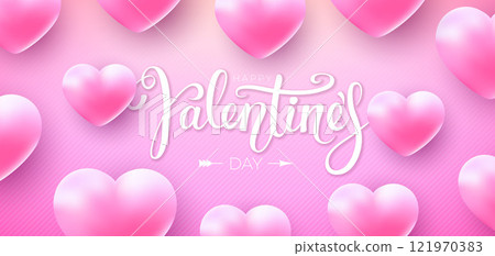 Happy Valentine's Day Banner Design with Heart and Typography Letter on Light Pink Background. Vector Wedding and Romantic Love Valentine Theme Illustration for Flyer, Greeting Card, Holiday Poster or Happy Valentine's Day Banner Design with Heart and Typography Letter on Light Pink Background. Vector Wedding and Romantic Love Valentine Theme Illustration for Flyer, Greeting Card, Holiday Poster or 121970383