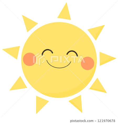 A cute illustration of a smiling sun in yellow 121970678