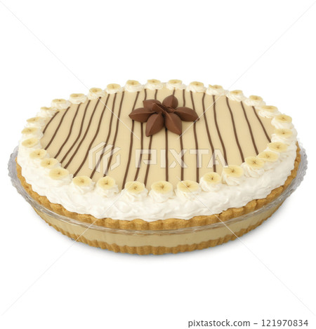 Banoffee Pie - A British dessert made with a biscuit crust, layers of caramel, banana, and whipped cream, topped 121970834