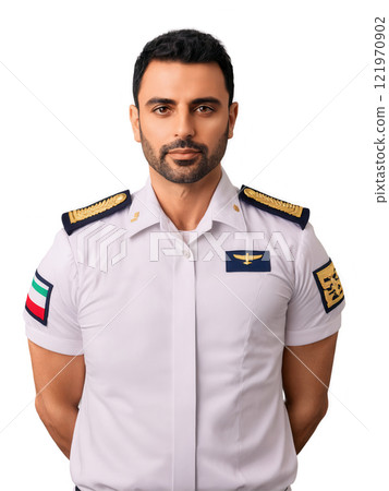 Pilot, male, Middle Eastern, 35 years old, with short black hair and hazel eyes, wearing a crisp white pilot's uniform 121970902