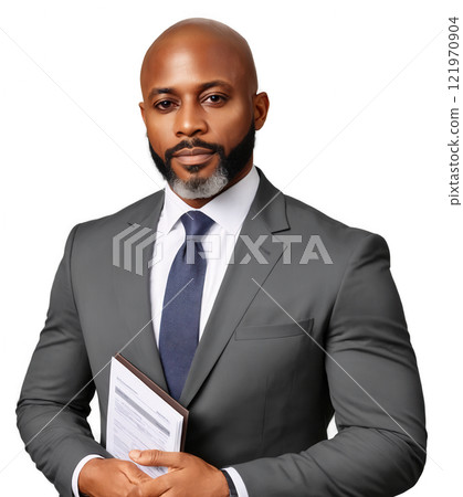 Lawyer, male, African American, 47 years old, with short gray hair and a close-cropped beard, wearing a tailored dark gray 121970904